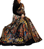 Multicolor linen Kalamkari printed saree with unstitched blouse piece, 5.5 meters length