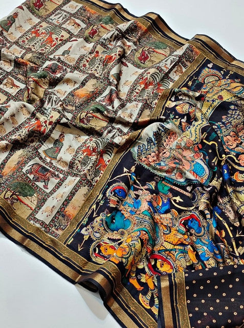 Multicolor linen Kalamkari printed saree with unstitched blouse piece, 5.5 meters length