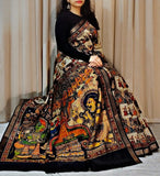 Multicolor linen Kalamkari printed saree with unstitched blouse piece, 5.5 meters length