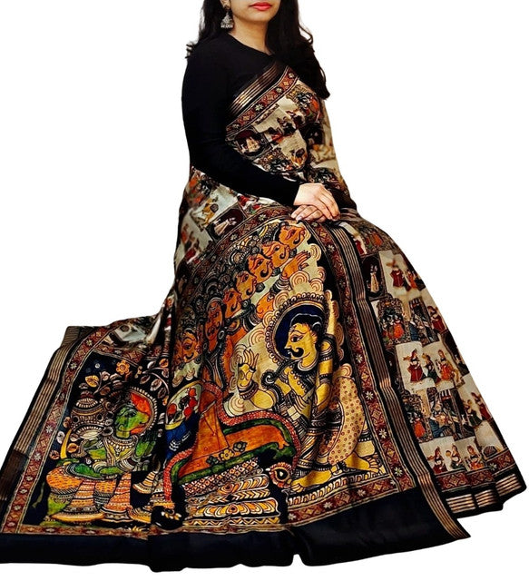 Multicolor linen Kalamkari printed saree with unstitched blouse piece, 5.5 meters length