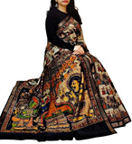 Multicolor linen Kalamkari printed saree with unstitched blouse piece, 5.5 meters length
