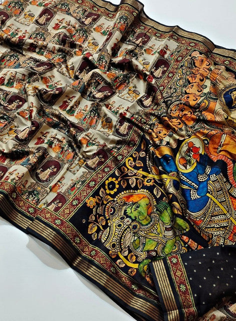 Multicolor linen Kalamkari printed saree with unstitched blouse piece, 5.5 meters length