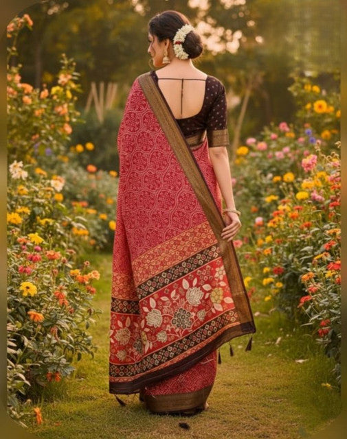 Red linen floral printed saree with unstitched blouse piece, 5.5 meters length