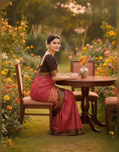 Red linen floral printed saree with unstitched blouse piece, 5.5 meters length