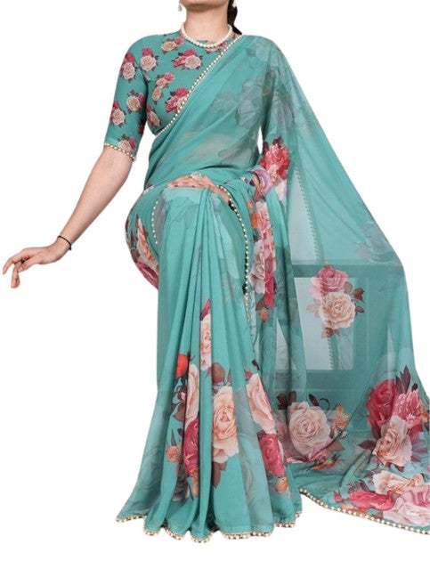 Aqua blue georgette floral printed saree with unstitched blouse piece, 5.5 meters length