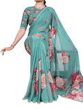 Aqua blue georgette floral printed saree with unstitched blouse piece, 5.5 meters length