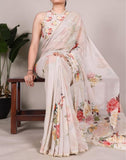 Beige georgette floral printed saree with unstitched blouse piece, 5.5 meters length