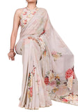 Beige georgette floral printed saree with unstitched blouse piece, 5.5 meters length