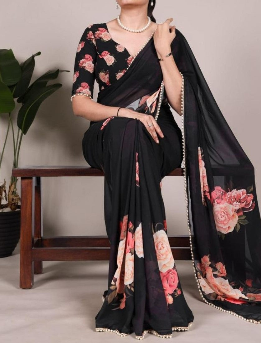 Black georgette floral printed saree with unstitched blouse piece, 5.5 meters length