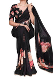 Black georgette floral printed saree with unstitched blouse piece, 5.5 meters length