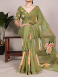 Green georgette floral printed saree with unstitched blouse piece, 5.5 meters length