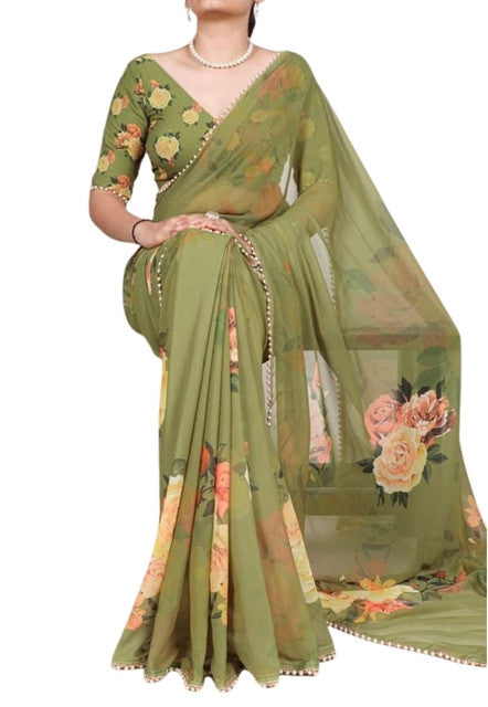 Green georgette floral printed saree with unstitched blouse piece, 5.5 meters length