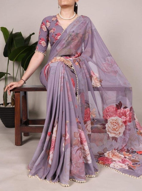 Lavender georgette floral printed saree with unstitched blouse piece, 5.5 meters length