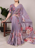 Lavender georgette floral printed saree with unstitched blouse piece, 5.5 meters length