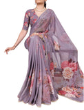 Lavender georgette floral printed saree with unstitched blouse piece, 5.5 meters length