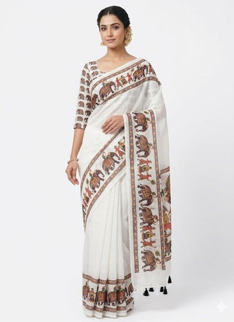 White linen Kalamkari saree with unstitched blouse piece, 5.5 meters, traditional Indian wear