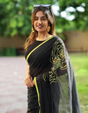 Black linen floral printed saree with unstitched blouse piece, 5.5 meters length