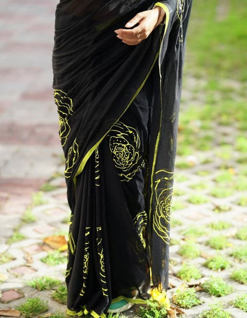 Black linen floral printed saree with unstitched blouse piece, 5.5 meters length