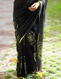 Black linen floral printed saree with unstitched blouse piece, 5.5 meters length