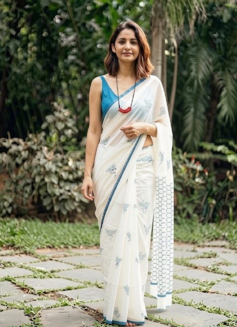 White and blue printed linen saree with unstitched blouse piece, 5.5 meters length