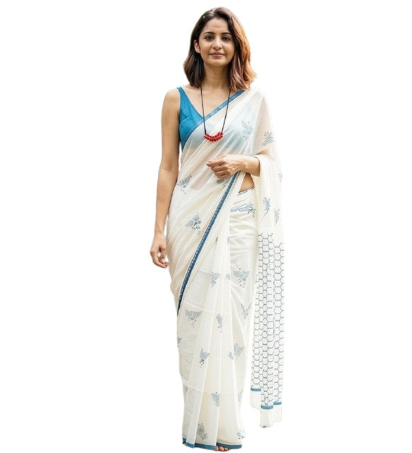White and blue printed linen saree with unstitched blouse piece, 5.5 meters length