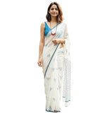 White and blue printed linen saree with unstitched blouse piece, 5.5 meters length