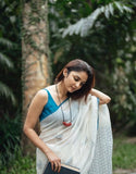 White and blue printed linen saree with unstitched blouse piece, 5.5 meters length