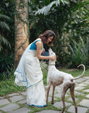 White and blue printed linen saree with unstitched blouse piece, 5.5 meters length