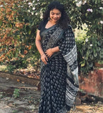 Black linen printed saree with unstitched blouse piece, 5.5 meters length, traditional Indian wear