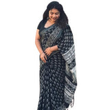 Black linen printed saree with unstitched blouse piece, 5.5 meters length, traditional Indian wear