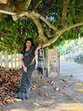 Black linen printed saree with unstitched blouse piece, 5.5 meters length, traditional Indian wear
