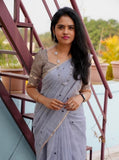 Grey linen striped saree with unstitched blouse piece, 5.5 meters, traditional Indian wear