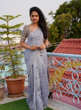 Grey linen striped saree with unstitched blouse piece, 5.5 meters, traditional Indian wear