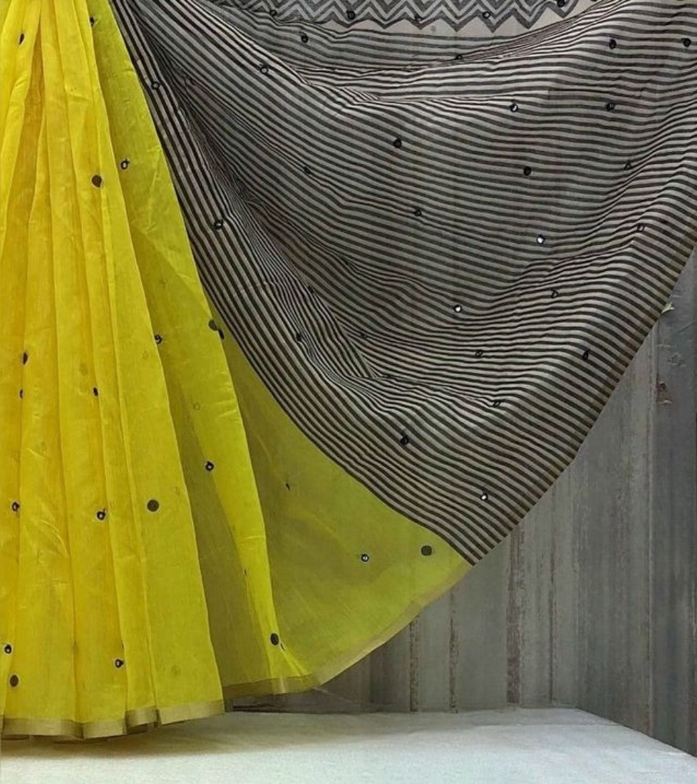 Lemon yellow linen striped saree with unstitched blouse piece, 5.5 meters length