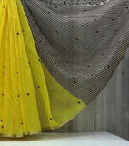 Lemon yellow linen striped saree with unstitched blouse piece, 5.5 meters length