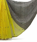 Lemon yellow linen striped saree with unstitched blouse piece, 5.5 meters length