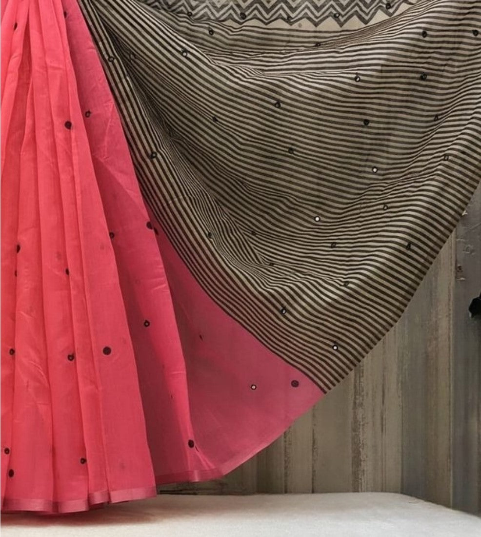 Pink linen striped saree with unstitched blouse piece, 5.5 meters, traditional Indian wear