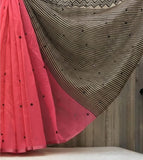 Pink linen striped saree with unstitched blouse piece, 5.5 meters, traditional Indian wear