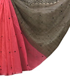 Pink linen striped saree with unstitched blouse piece, 5.5 meters, traditional Indian wear