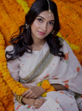 White and orange linen floral printed saree with unstitched blouse piece, 5.5 meters length