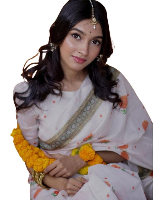 White and orange linen floral printed saree with unstitched blouse piece, 5.5 meters length