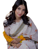 White and orange linen floral printed saree with unstitched blouse piece, 5.5 meters length