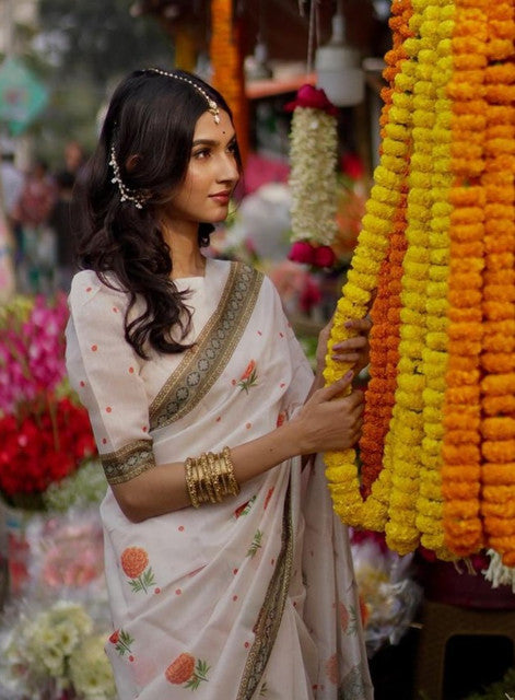 White and orange linen floral printed saree with unstitched blouse piece, 5.5 meters length