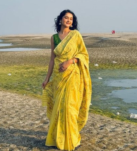 Yellow linen floral printed saree with unstitched blouse piece, 5.5 meters length