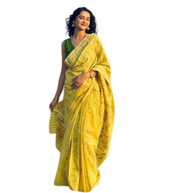 Yellow linen floral printed saree with unstitched blouse piece, 5.5 meters length