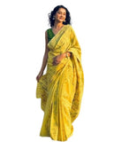 Yellow linen floral printed saree with unstitched blouse piece, 5.5 meters length