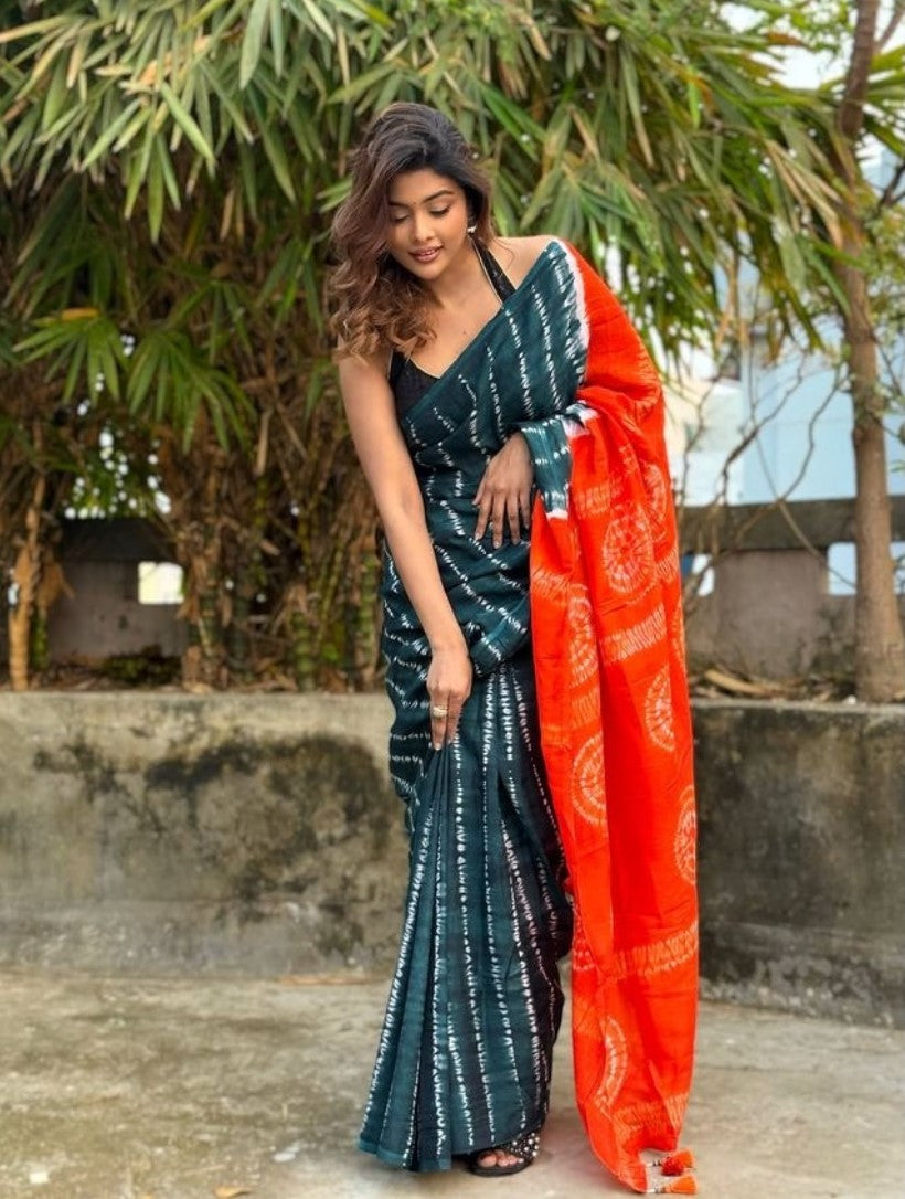 Teal and orange printed linen saree with unstitched blouse piece, 5.5 meters length