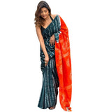 Teal and orange printed linen saree with unstitched blouse piece, 5.5 meters length