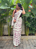 White-wine linen printed saree with unstitched blouse piece, 5.5 meters length