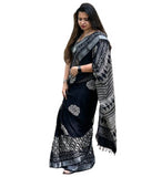 Black linen floral printed saree with unstitched blouse piece, 5.5 meters length